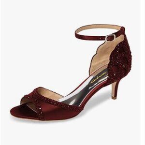 XYD Wine Chic Peep Toe D'Orsay Kitten Heel Rhinestone Studs Ankle Strap Sandals